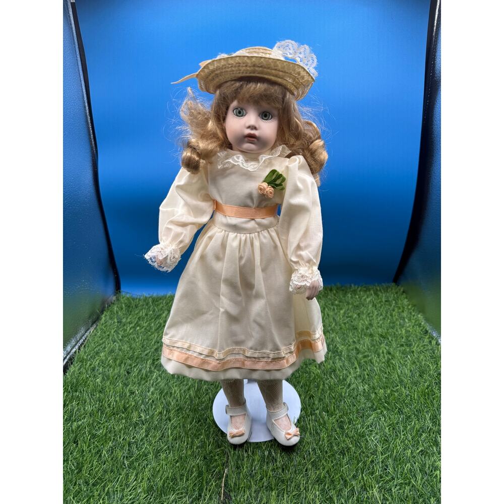 Vintage Porcelain Collector Doll with Straw Hat & Peach Accents - 16” Tall